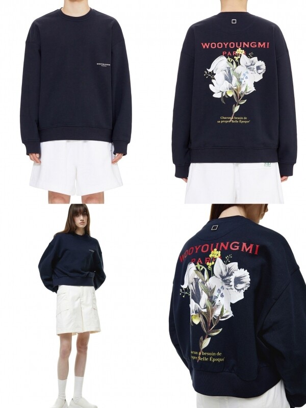 우영미 22SS 플라워 프린트 백로고 스웨트셔츠(네이비, 화이트)