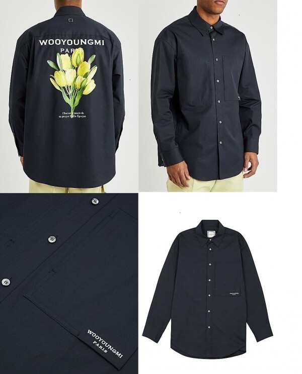 우영미 22SS 플라워 프린트 백로고 셔츠(남색, 화이트)